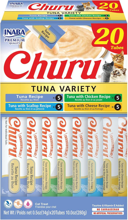 INABA Churu Cat Treats, Lickable, Squeezable Creamy Purée Cat Treat with Green Tea Extract & Taurine, 0.5 Ounces Each Tube, 50 Tubes, Tuna & Chicken Variety18