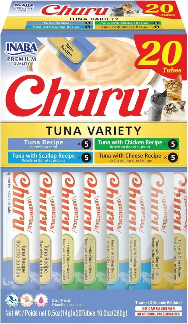 INABA Churu Cat Treats, Lickable, Squeezable Creamy Purée Cat Treat with Green Tea Extract & Taurine, 0.5 Ounces Each Tube, 40 Tubes, Tuna Variety Box18