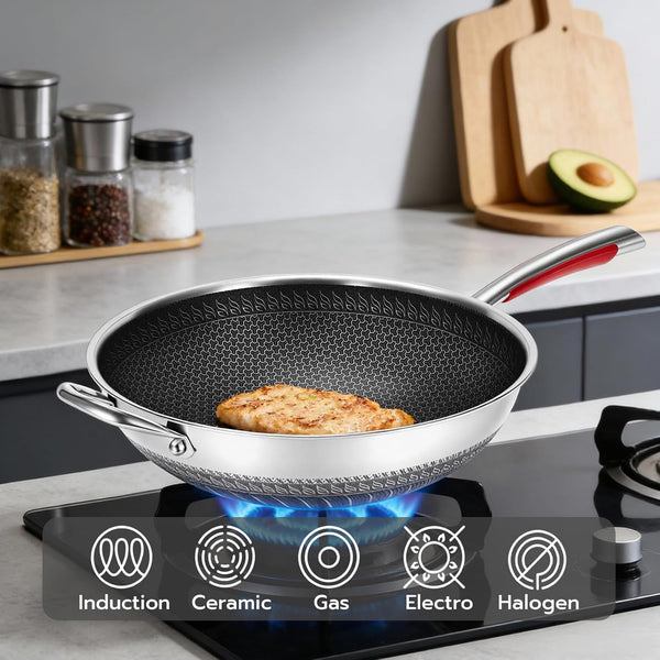 12.6-Inch Stainless Steel Wok Pan with Glass Lid - Tri-Ply Nonstick Wok & Stir-Fry Pan, PFOA Free Uncoated Cookware for All Cooktops, Induction Compatible, Flat Bottom4