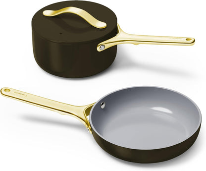 Caraway Non-Stick Ceramic Mini Cookware Set | Ceramic Fry Pan (1.05 Qt, 8") Sauce Pan (1.75 Qt) and Storage Rack, Non Toxic, PTFE & PFOA Free, Black1