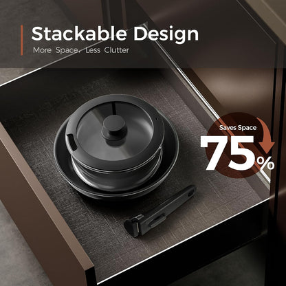 5PCS Pots and Pans Set Non Stick, Diamond-Titanium Ceramic Cookware Set & 3 Layer Stainless Steel with Detachable Handle, Induction Cookware, Non Toxic Oven/Dishwasher Safe, Black9