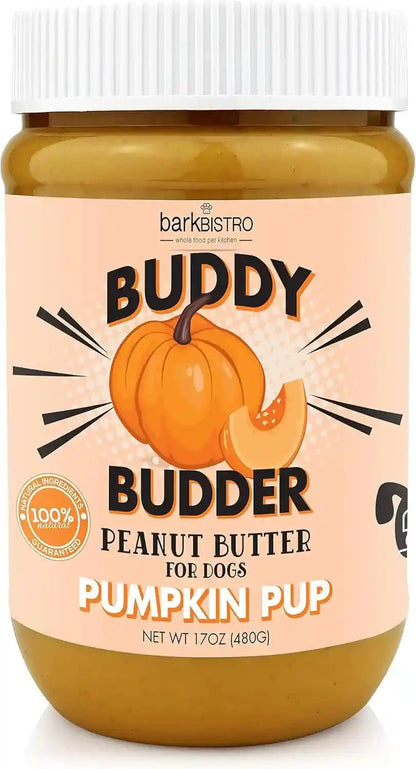 Pumpkin Pup Buddy BUDDER, 100% Natural Dog Peanut Butter, Healthy Peanut Butter Dog Treats, Made in USA, (17Oz Jars)1