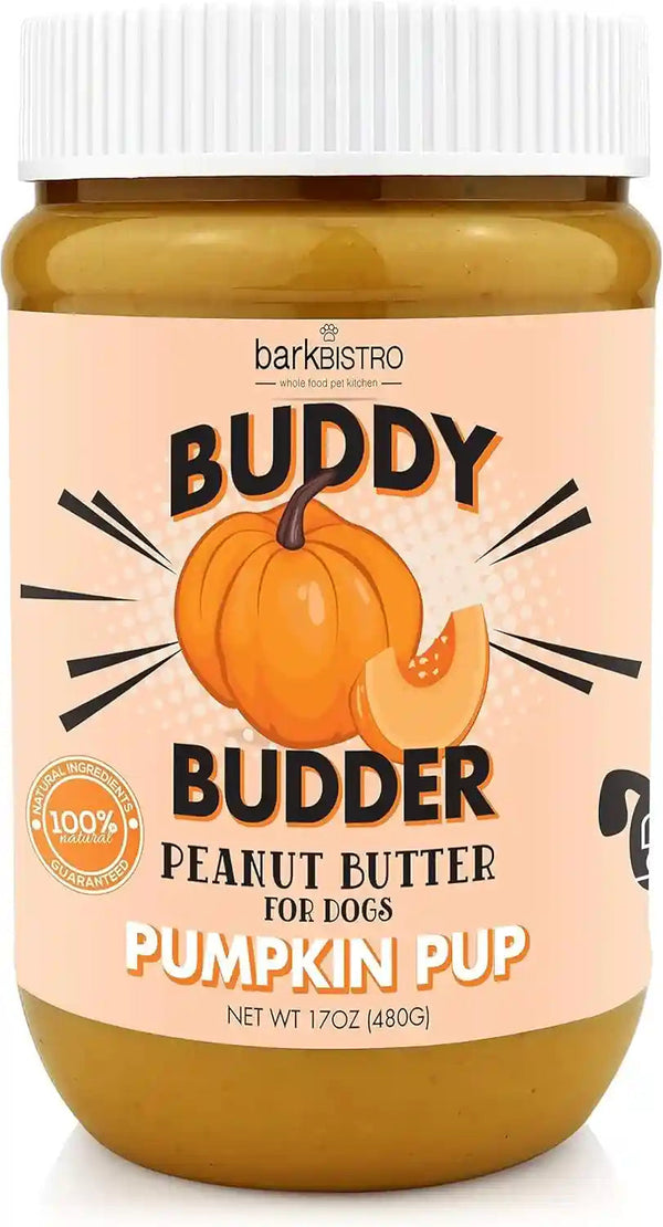 Pumpkin Pup Buddy BUDDER, 100% Natural Dog Peanut Butter, Healthy Peanut Butter Dog Treats, Made in USA, (17Oz Jars)1