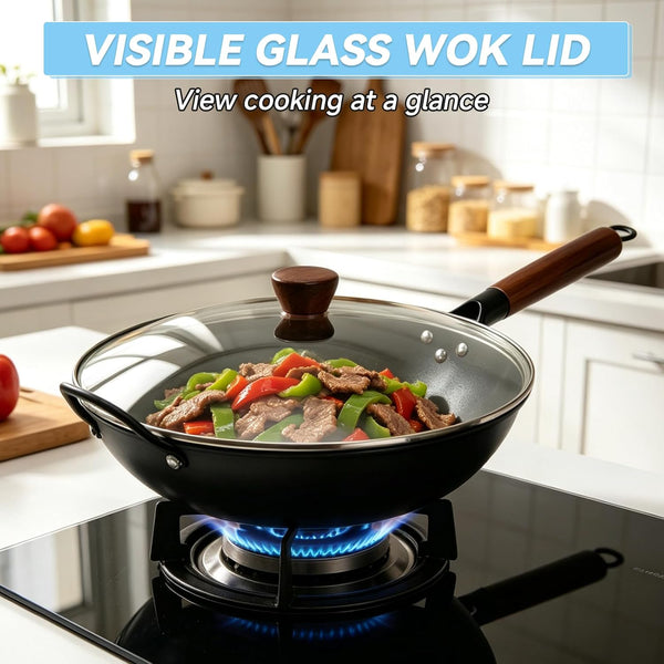 13-Inch Carbon Steel Wok Pan with Glass Lid Pre-Seasoned Flat Bottom Woks & Stir-Fry Pans Nonstick with Wooden and Steel Helper Handle Compatible with Induction, Gas, Electric, Open Fire4