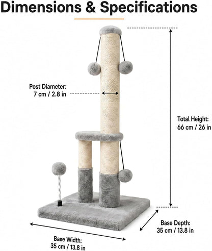 Dimaka Tall Cat Scratching Post, Double Lower Posts Extra Stable Cat Post Tree Scratcher with Sisal Rope and Teasing 4 Balls Total Large Base (Grey)2