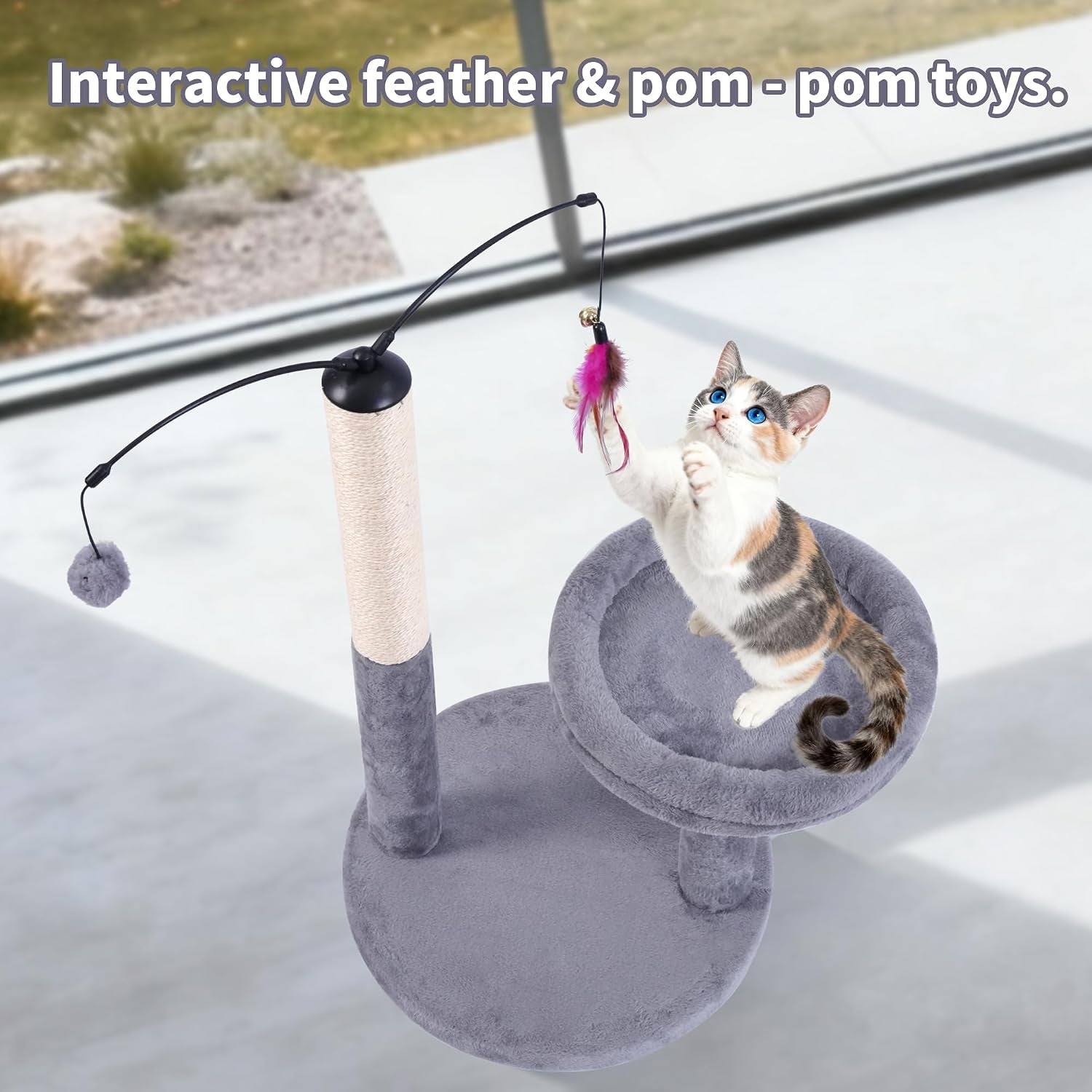 aiwikide-24-scratching-post-interactive-cat-scratcher-with-perch-plush-toy-sturdy-weighted-base-grey