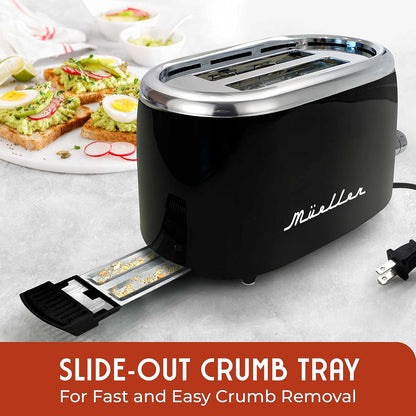 MUELLER HOME Retro Toaster 2 Slice, 7 Browning Levels | 3 Functions (Reheat, Defrost, Cancel), Stainless Steel Features, Removable Crumb Tray, under Base Cord Storage,6