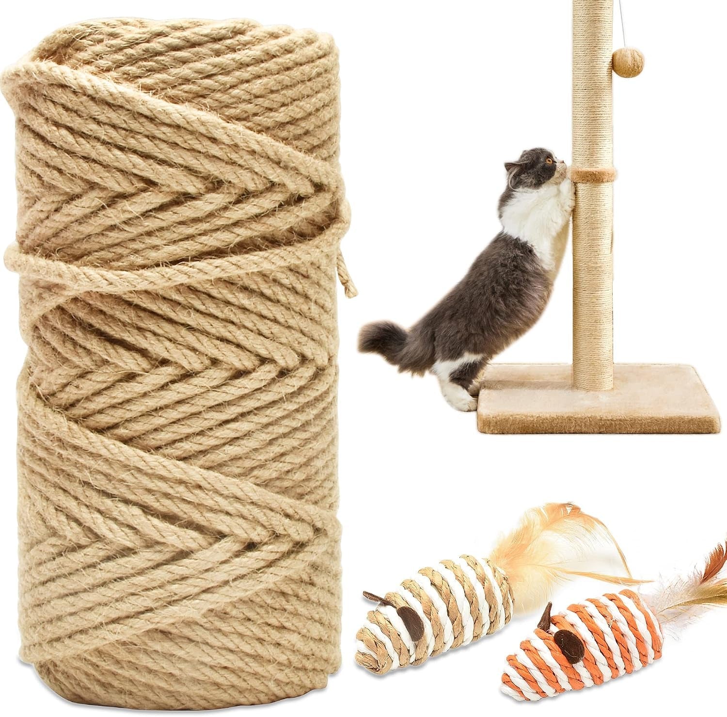 328ft-1-4-inch-cat-scratching-sisal-rope-for-cat-trees-posts-thick-white-jute-rope-with-2-cat-mouse-toys-for-scratch-posts-cat-towers-diy-projects