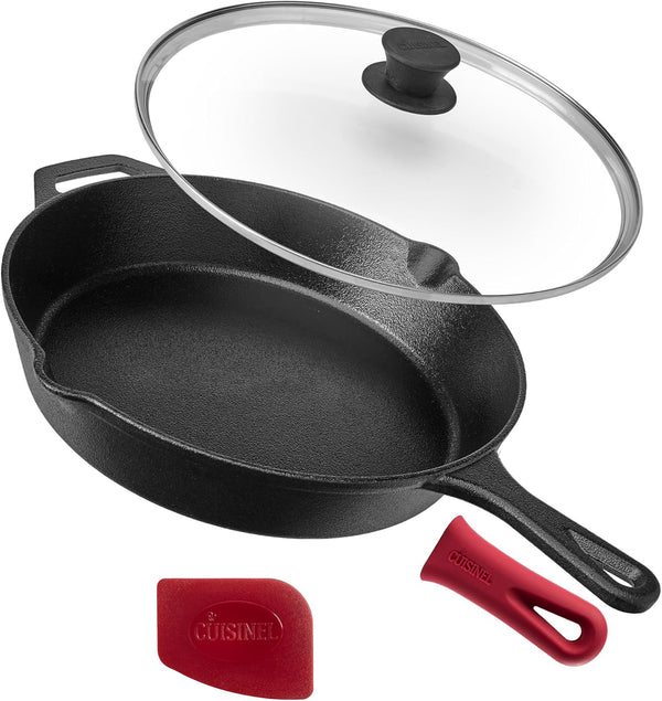 Cast Iron Skillet with Lid - 12"-Inch Frying Pan + Glass Cover + Silicone Handle Holder - PFAS and Pfoa-Free Pre-Seasoned Oven Safe Cookware - Indoor/Outdoor Use - Grill, BBQ, Fire, Stovetop1