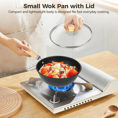 Small Wok with Lid, Mini Wok, 8" Non-Stick Mini Frying Pan, Compact, Coating-Less, Cast Iron Wok with Wooden Handle, Compatible with Induction, Gas, Ceramic Stove2
