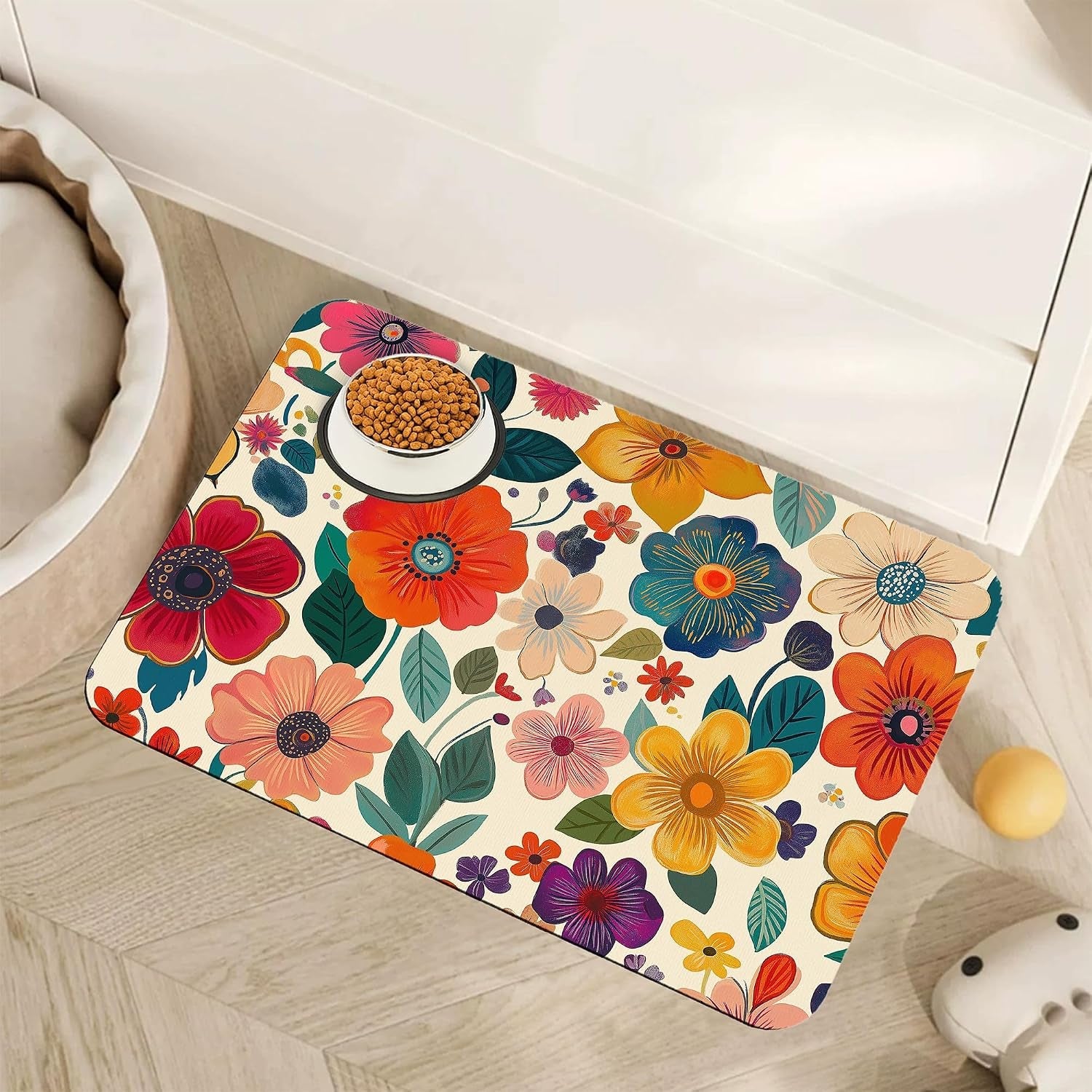 cute-strawberry-flower-dog-cat-food-mat-pink-absorbent-pet-feeding-mat-with-rubber-backing-non-slip-water-bowl-placemat-indoor-pet-accessories-supplies-12x20