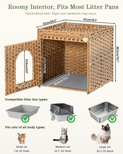 SETVSON Cat Litter Box Enclosure Furniture, Hidden Litter Box with Mat and Fence, Handwoven Rattan Cat House with Two S-Shaped Hooks for Living Room, Bedroom, 18.5 X 20.5 X 19.1 Inches (Natural)5