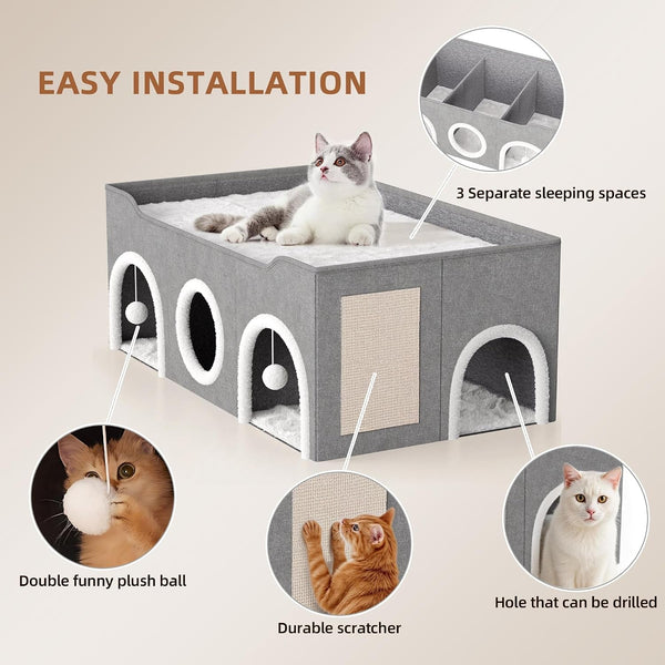 Cat House for Indoor with Fluffy Ball and Scratch Pad | 35” Foldable Cat Bed with Removable Divider,3 Separate Cat Cave for Multi Cats Puppy Family4
