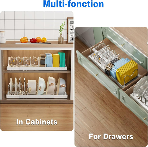 2 Pack Pots and Pans Organizer under Cabinet, 22" Expandable Food Storage Container Lid Organizers with 9 Adjustable Dividers Pot and Pan Lid Holders Rack inside Cabinet/Countertop(White)3