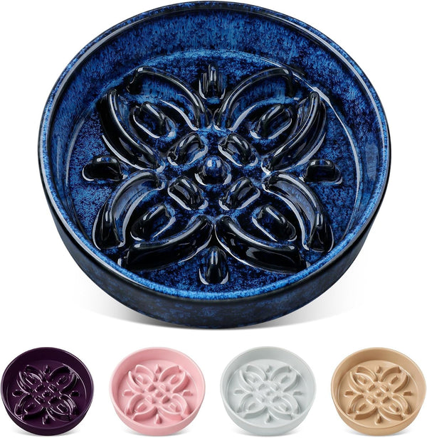 Vancasso Ceramic Slow Feeder Dog Bowls, Puzzle Dog Food Bowls with Floral Maze, anti -Slip Pet Food Dish for Small Breed, 0.6 Cups, Blue1