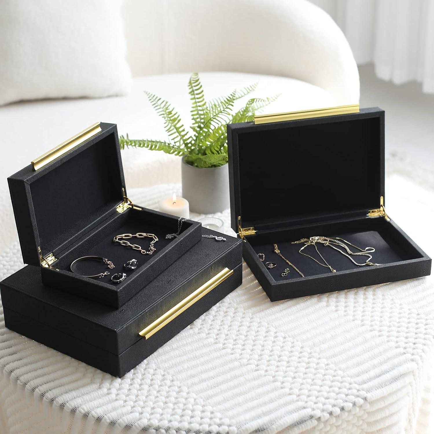faux-shagreen-decorative-stackable-jewelry-storage-boxes-set-of-3-black-jewelry-organizers-with-gold-metal-handles-velvet-lining-modern-black-box-for-vanity-entryway-coffee-table-decor