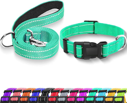 Reflective Dog Collar with Safety Locking Buckle, Adjustable Soft Breathable Nylon Collars for Small, Medium and Large Dogs(Collar+Leash XS Width 5/8" Turquoise) | Adjustable Soft Breathable Nylon Collars for Small, Medium and Large Dogs (XS Width 5/8" Turquoise)1
