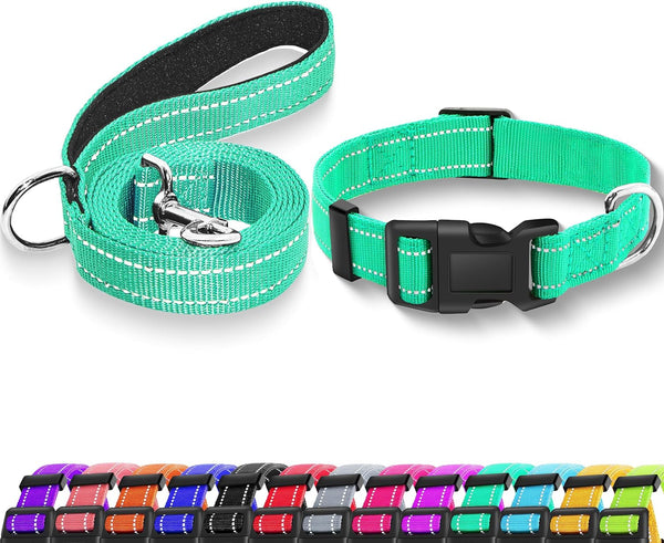 Reflective Dog Collar with Safety Locking Buckle, Adjustable Soft Breathable Nylon Collars for Small, Medium and Large Dogs(Collar+Leash XS Width 5/8" Turquoise) | Adjustable Soft Breathable Nylon Collars for Small, Medium and Large Dogs (XS Width 5/8" Turquoise)1