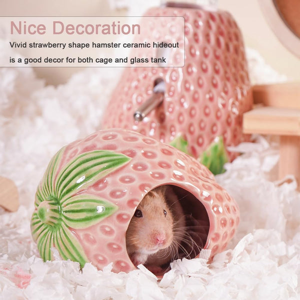 Ceramic Hamster Hideout Strawberry Chew Proof Syrian Hide Cool Bed | Easy to Clean Durable Ceramic Guinea Pig House, Good Hiding Hut Cave for Gerbil, Mice, Rat All Season，Cute Pink Habitat Decor2