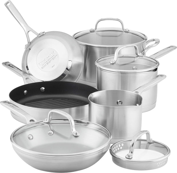 Kitchenaid Stainless Steel 3-Ply Base Cookware Induction Pots and Pans Set, 10-Piece, Brushed Stainless Steel1