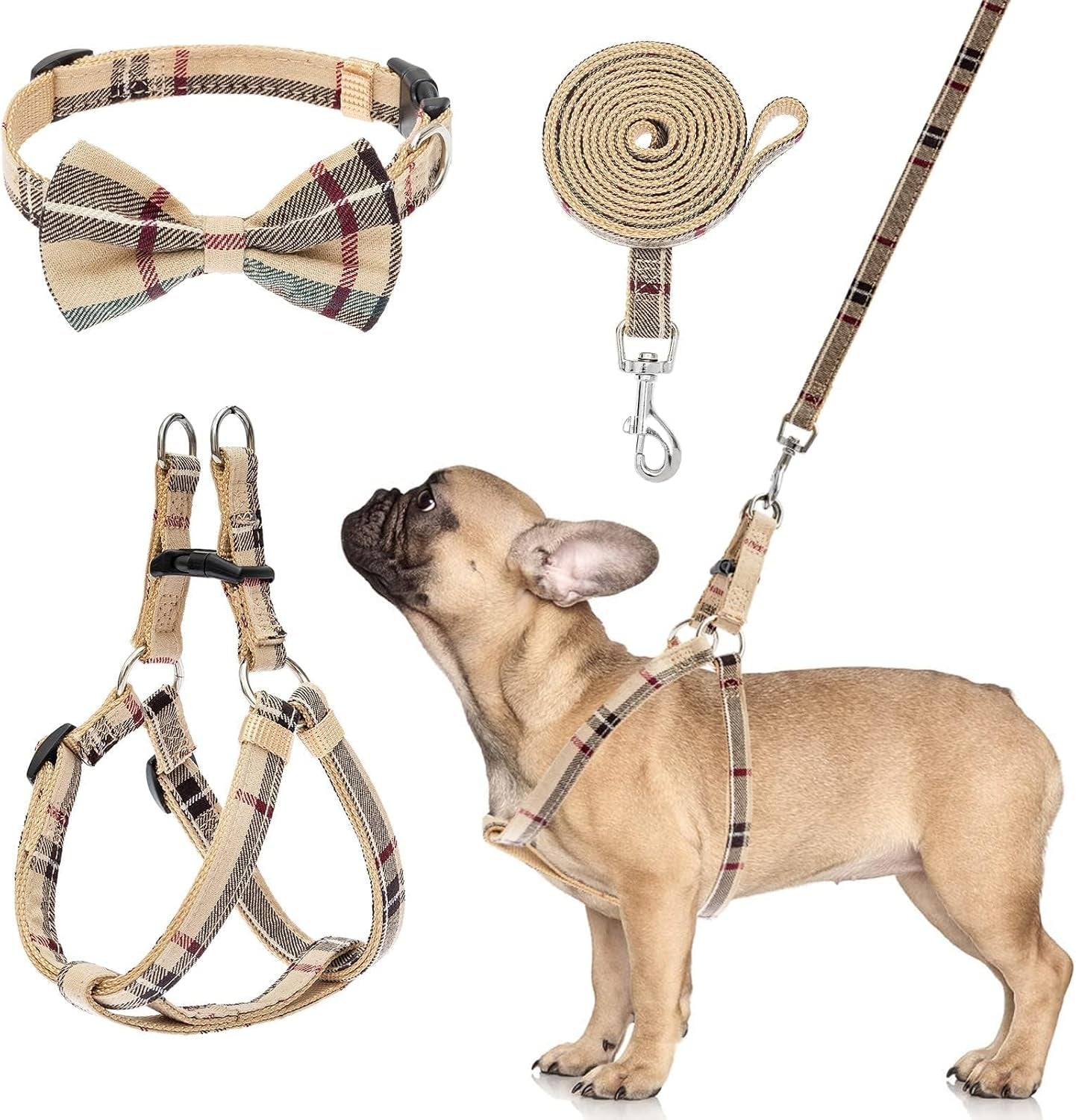 bingpet-dog-harness-collar-leash-set-adjustable-no-pull-escape-proof-small-dog-harness-classic-plaid-puppy-harness-and-leash-set-for-small-medium-large-dogs-training-easy-walk-runningbeige-s