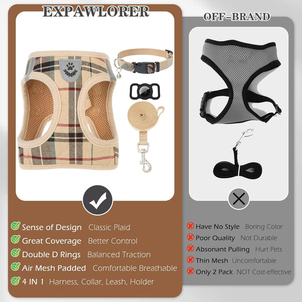 EXPAWLORER Plaid Small Dog Harness and Leash Set with Airtag Holder - No Pull Soft Padded Step in Dog Vest Harness Medium Sized Dog, Reflective Puppy Harness, Collar and Leash for Walking, Khaki S9