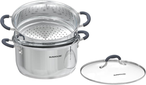 : 2-Tier Stainless Steel Steamer Pots - 3.1 Quart - Tempered Glass Lid, 3-Ply Bottom, Vegetable-Dumpling-Food Cookware, Dishwasher & Oven Safe | Steaming Pot with Glass Lid & Steamer Basket1