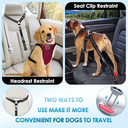 Slowton Dog Seat Belt for Car, 2 Pack Dog Car Harness Seatbelt Adjustable with Elastic Bungee Buffer, 2 in 1 Pet Car Leash Headrest Restraint Dog Reflective Safety Tether (Black, Headrest+Clip)2