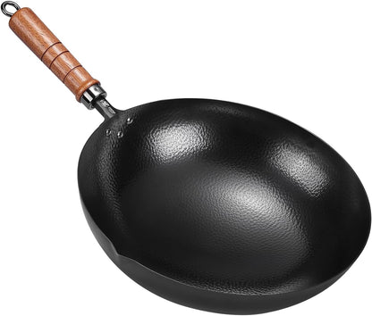 12.6-Inch Hand-Hammered Wrought Iron Wok, round Bottom | 99.8% Iron Content, 4.1-Inch Deep Bowl, Seasoning-Ready Surface, Fish-Scale Texture, Grooved Sapele Handle1