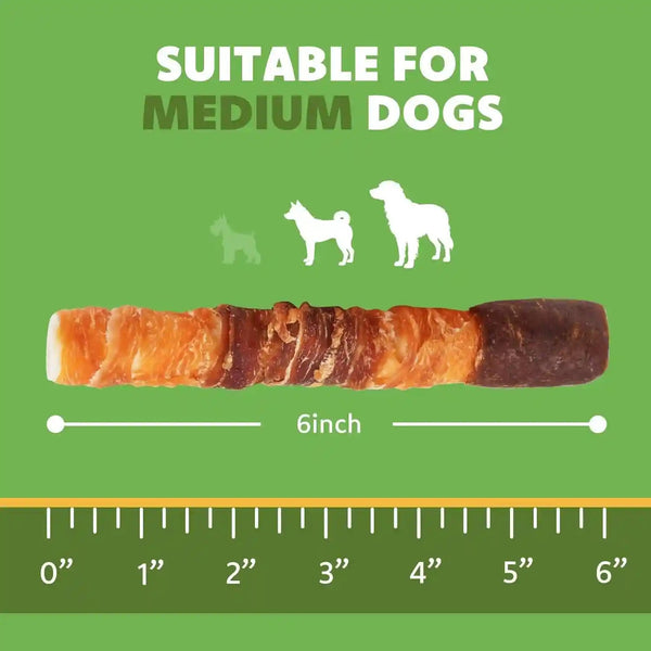 MON2SUN Dog Treats, 6 Inch Triple Flavor Wrapped Rawhide Rolls, 17.6 Oz | 10 Count Pack, Chicken Liver, Duck and Chicken Recipe, Teeth Cleaning Chews, Sized for Medium Dogs6