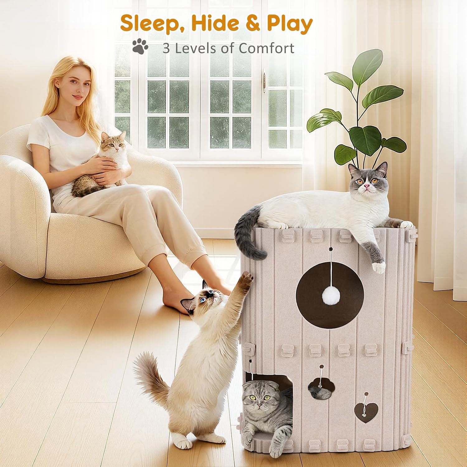 cat-house-for-indoor-cats-2-story-enclosed-cat-bed-cave-for-multiple-large-cats-felt-covered-pet-hideaway-tunnel-condo-house-kitty-hut-hideout-cube-scratch-resistant-beige