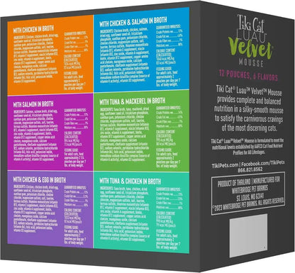 Tiki Cat Velvet Mousse, Protein Blend in Broth Variety Pack, Complete Nutrition for Balanced Diet, Wet Cat Food for All Life Stages, 2.8 Oz. Pouch (Pack of 12)3