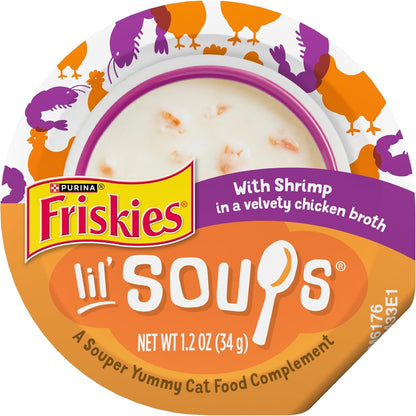 Purina Friskies Lil Soups Cat Food Topper, Shrimp, 8 Count, 1.2 Oz Cups | Grain-Free Lickable Recipe with Real Chicken in a Velvety Broth, No Fillers, Artificial Colors or Preservatives1