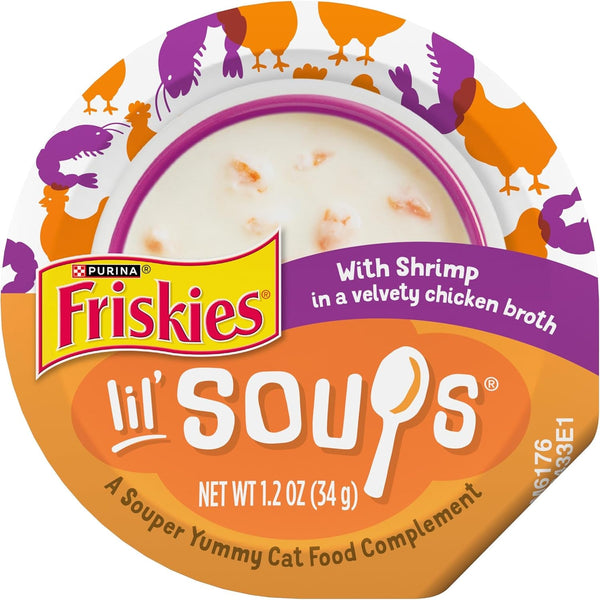 Purina Friskies Lil Soups Cat Food Topper, Shrimp, 8 Count, 1.2 Oz Cups | Grain-Free Lickable Recipe with Real Chicken in a Velvety Broth, No Fillers, Artificial Colors or Preservatives1