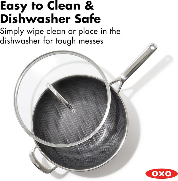 OXO Hybrid 12” Nonstick Wok with Glass Lid, Pfas-Free Ceramic Stir-Fry Pan, Induction & All Cooktop Compatible, Dishwasher Safe, Fusion Boost Tech for Powerful Searing, Mirror Polished Tri-Ply8