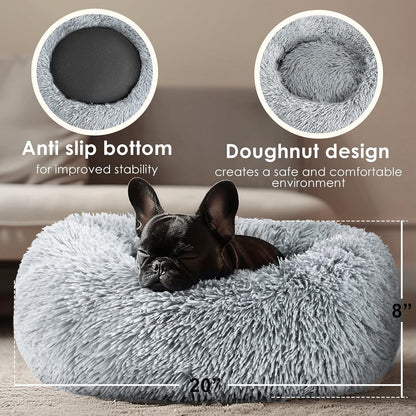 Hoewina Dog & Cat Bed for Indoor Cats, 20In Calming Donut Bed for Puppy and Kitten, Washable round Fluffy Pet Bed for Small Medium Dogs and Cats (Light Grey)3