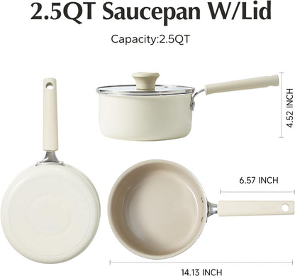 Ceramic Nonstick Saucepan with Lid, 2.5QT Small Cooking Pot, Non Toxic Sauce Pans for Kitchen, Cool Handle PFAS Free Compatible with All Cooktops, White7