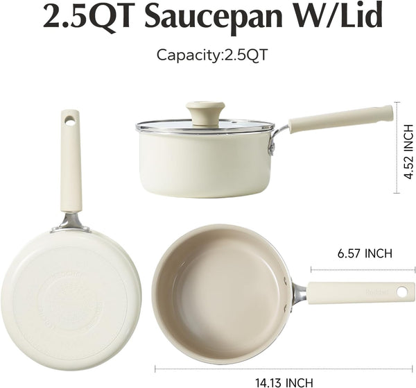 Ceramic Nonstick Saucepan with Lid, 2.5QT Small Cooking Pot, Non Toxic Sauce Pans for Kitchen, Cool Handle PFAS Free Compatible with All Cooktops, White7