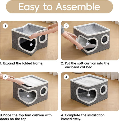 Cat Houses for Indoor Cats, Large Covered Cat Cave Beds & Furniture with Scratch Pad and Fluffy Ball,Foldable Cat Hideaway for Kitten,16X16X13 Inches, Grey6