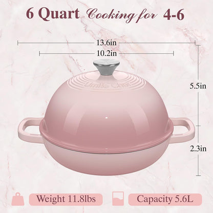 Cast Iron Dutch Oven Pot with Lid, round Bread Oven for Sourdough Bread Baking,  Enameled Cast Iron Bread Oven with Dome Lid & Cotton Potholders for Sourdough, Pink, 6 Quarts8