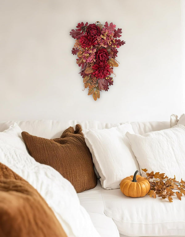 24" Fall Swag Fall Swags for Front Door Decorating Teardrop Swag with Red Hydrangea Peonies Dahlia Handmade Fake Autumn Wreath Outdoor Indoor Halloween Farmhouse Harvest Decorations for Home6