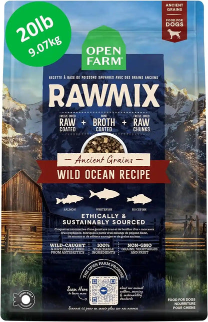 Open Farm Rawmix Ancient Grains Dry Dog Food, Wild Ocean Kibble, 20Lb Bag | Wild-Caught Whitefish, Salmon and Rockfish, Freeze Dried Raw Chunks, 100% Traceable Ingredients, Non-Gmo Fruits & Veggies.1
