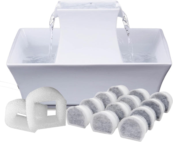 Petsafe Drinkwell Pagoda Fountain, Filters Included, 70 Oz Ceramic, White | 2 Free-Falling Water Streams Encourage Hydration, Pet Fountain for Cats & Small Dogs, Replaceable Carbon & Foam Filters8