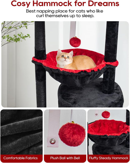 SYANDLVY Gothic Cat Tree with Coffin Bed for Indoor Cats, Modern House | Small Activity Tower with Scratching Post, Condo & Cradle, Kittens Cave, Black & Red3