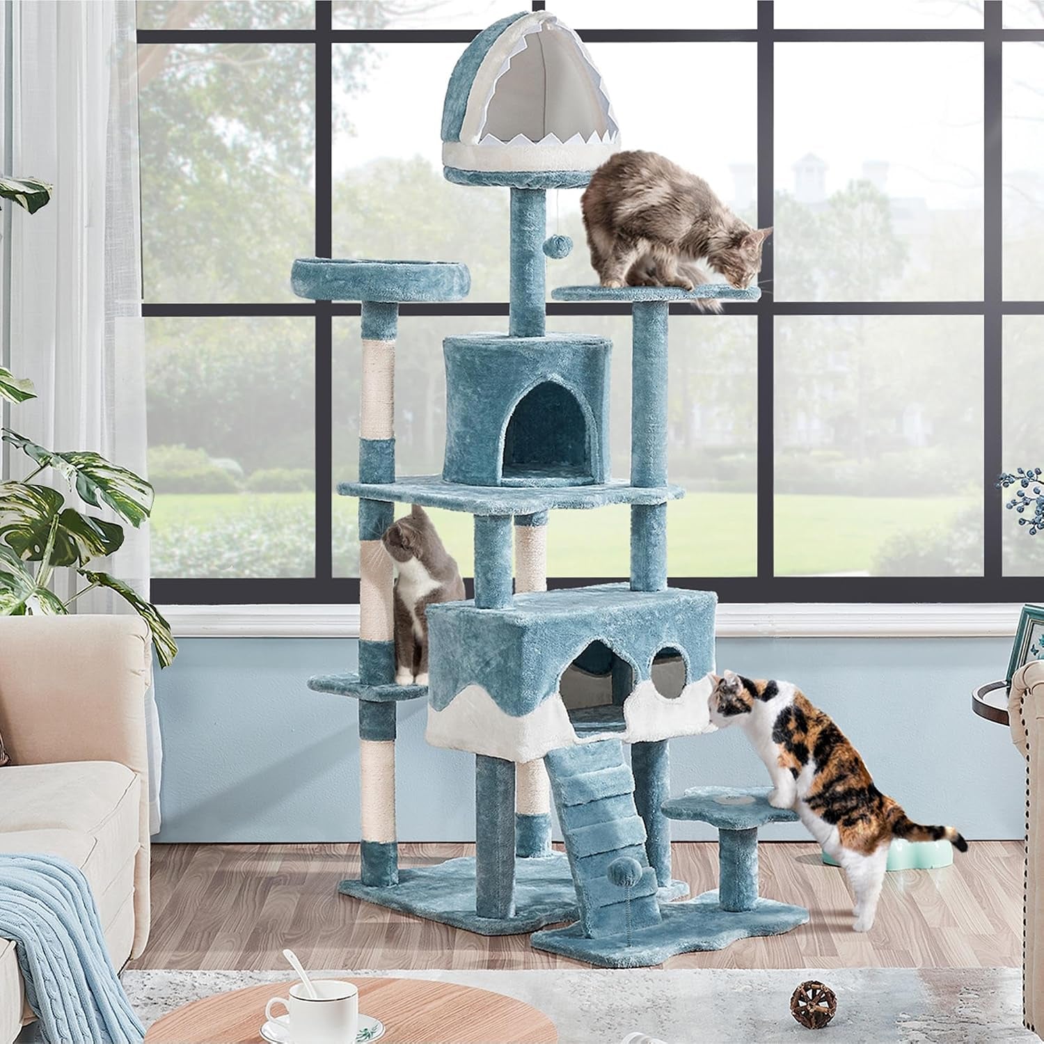 yaheetech-72-5in-shark-cat-tree-shark-mouth-bed-2-condos-blue-white-ocean-themed-design-multi-level-layout-2-wide-perches-interactive-toys-sturdy-anti-wobble-spacious-for-multi-indoor-cats