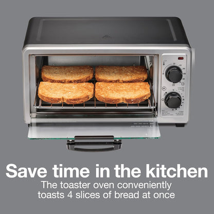 4 Slice Countertop Toaster Oven | Bake, Broil, Toast | 200-450⁰F Adjustable Temp | 30 Minute Timer | Automatic Shutoff | Black and Silver | 31260G2