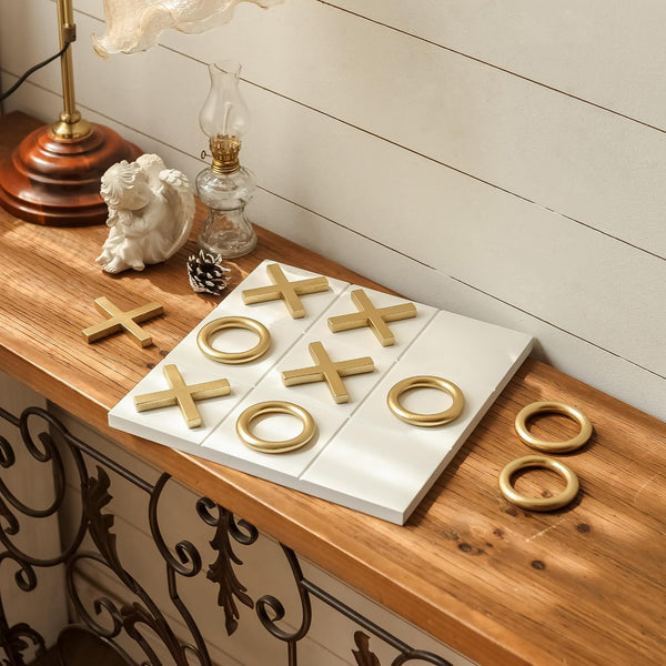 12X12 Inch Tic Tac Toe Wood Game Board Classic Coffee Table Decor Modern Wooden Travel Game for Family, White & Gold3