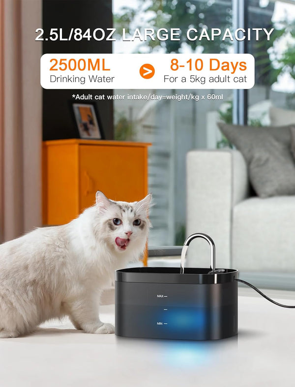 Cat Water Fountain, 84OZ/2.5L Cat Fountain, Super Silent Pet Water Fountain, Activated Carbon Filter, Translucent Pet Water Dispenser Suitable for Multiple Pets Family (Black)2