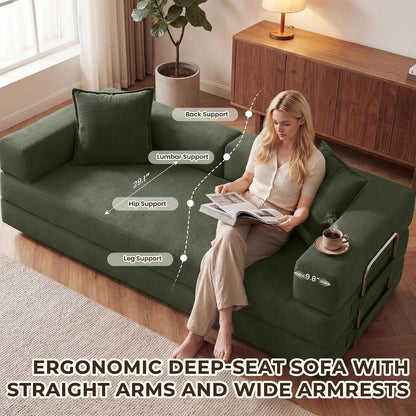 78 Inch Convertible Sofa Bed, 5-In-1 Futon Sofa Bed Pull Out Couch, Boneless Couch Bed for Living Room, Corduroy Boneless Couches for Bedroom, Apartment, No Assembly Sleeper Sofa Bed, Green6
