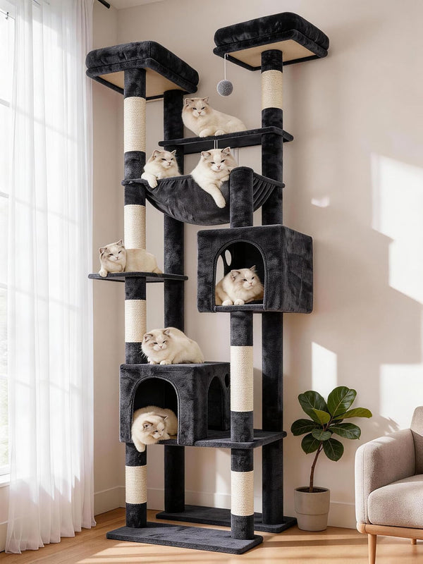 Hey-Brother Cat Tree Tower, Wide Base, 5 Platforms for Multi-Cats, MPJ074MJ | 72.8 Inches Tall Furniture, 5 Plush Beds, Large Condo, Big Hammocks, Sisal Scratching Posts, for Indoor Adult Cat Beige Brown13